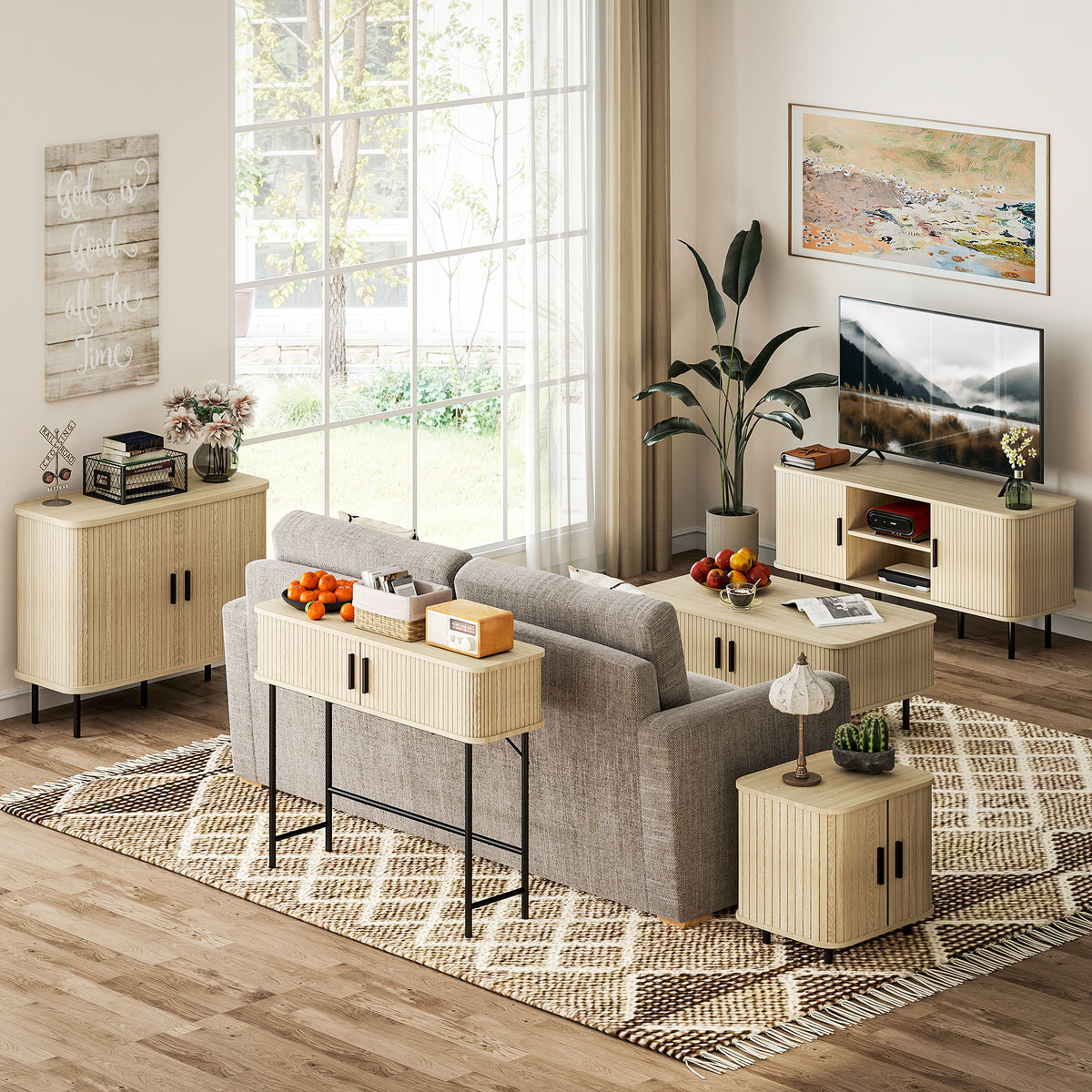Buffet à portes coulissantes à lattes, ton chêne — 90 cm — vue 8