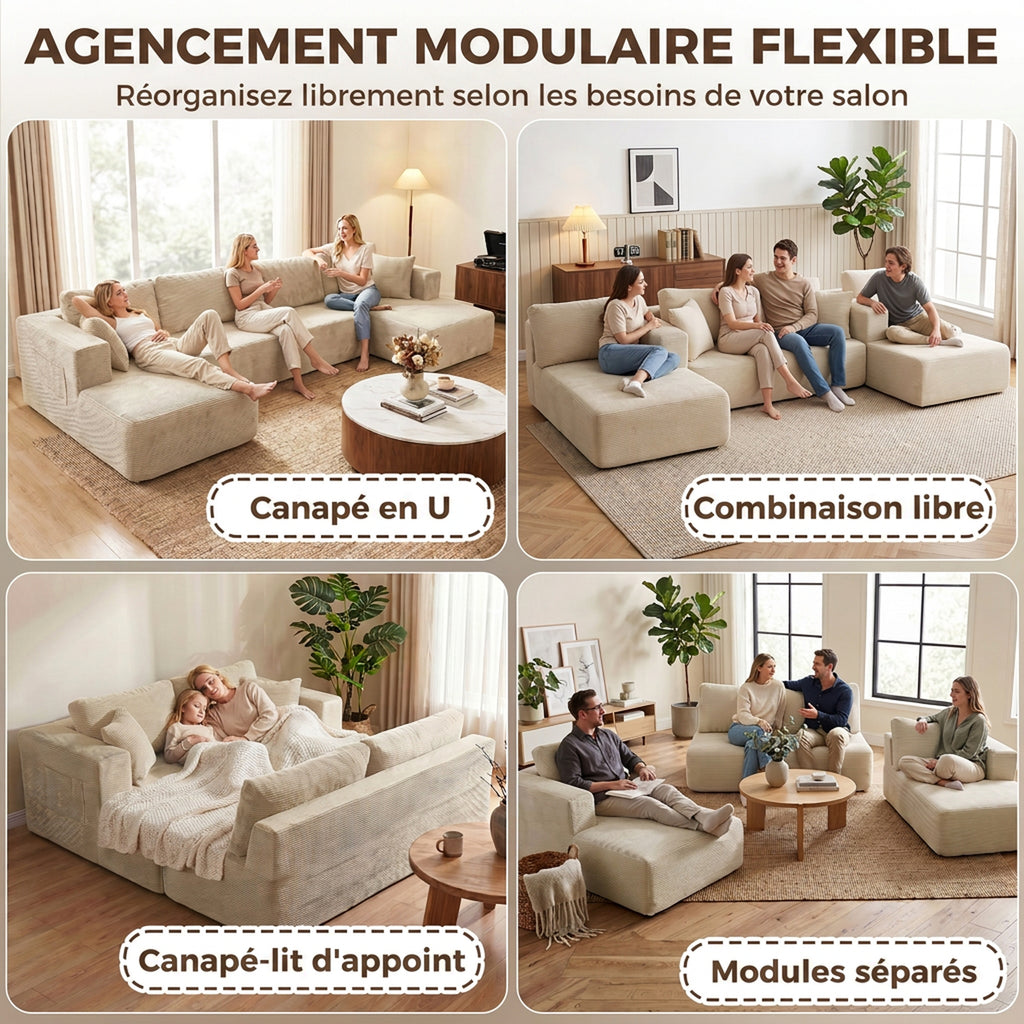 Canapé modulaire en U 337 cm en velours côtelé crème — photo 7 sur 7