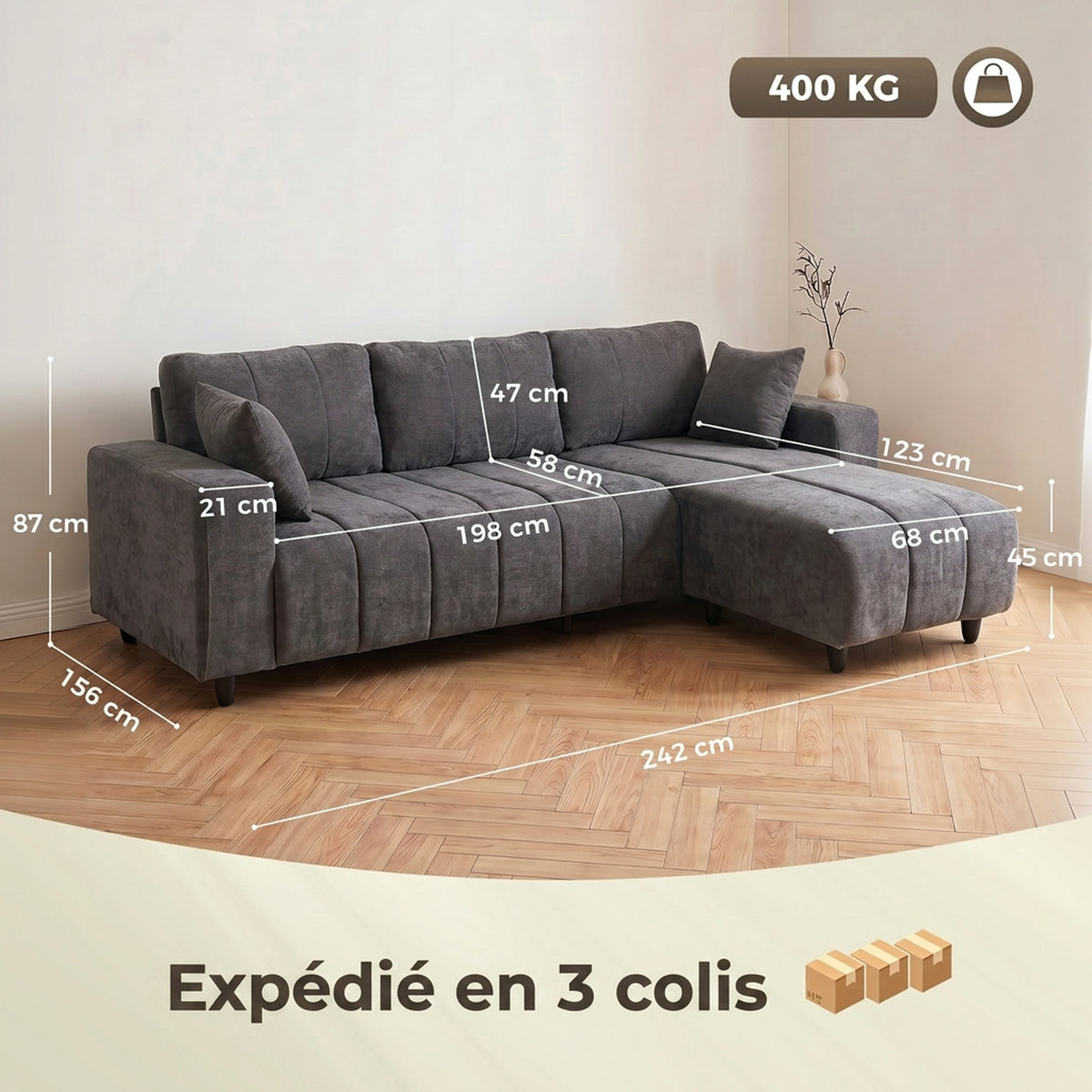 Canapé d'angle réversible aspect lin — 242 cm — vue 3