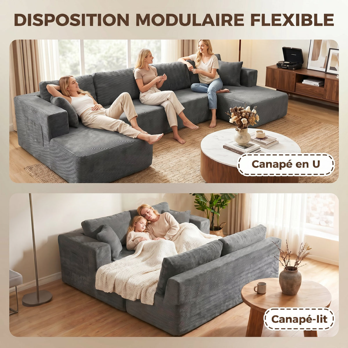 Canapé modulaire en U velours côtelé — 369 cm — vue 4