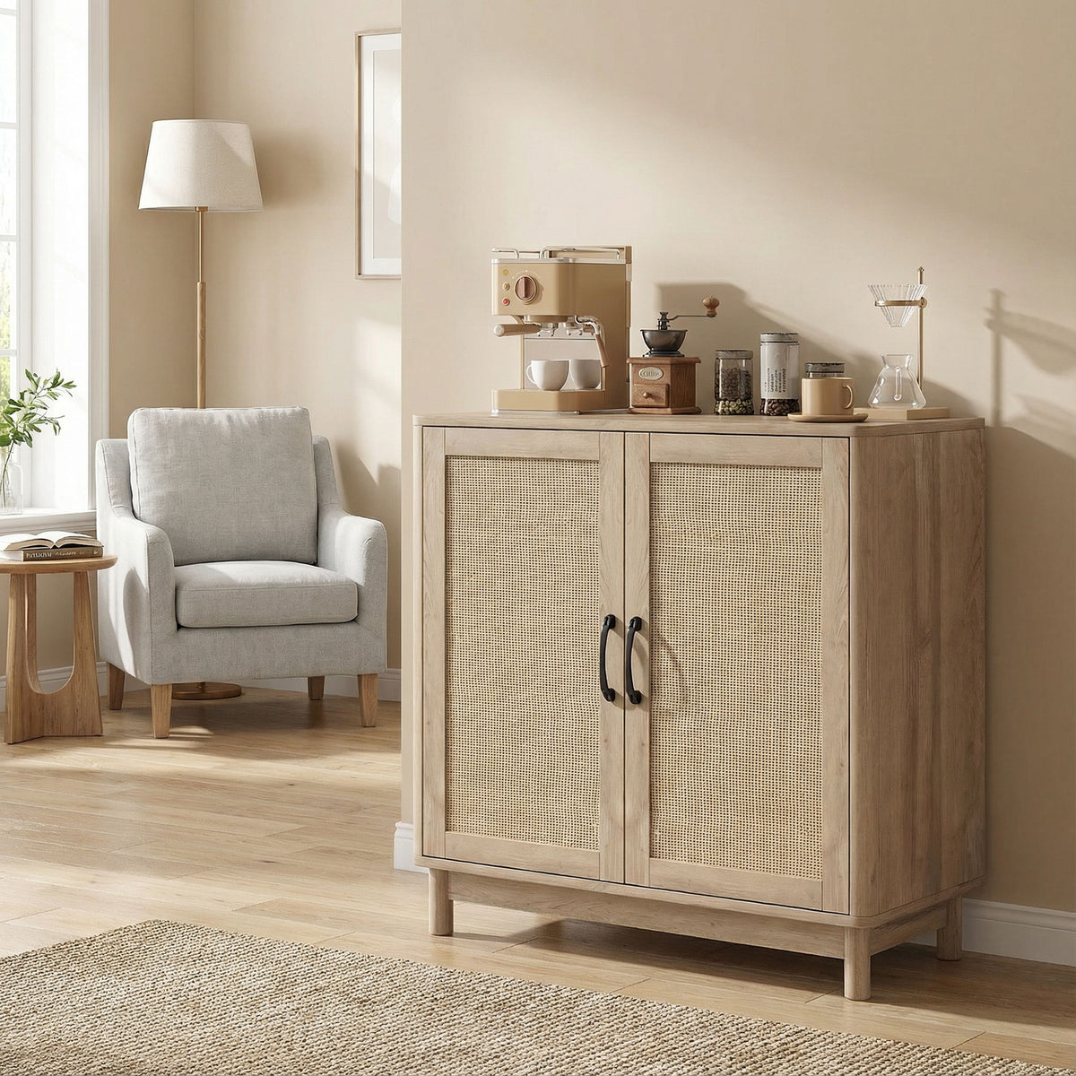 Buffet à portes en rotin, ton chêne — 76 cm — vue 8