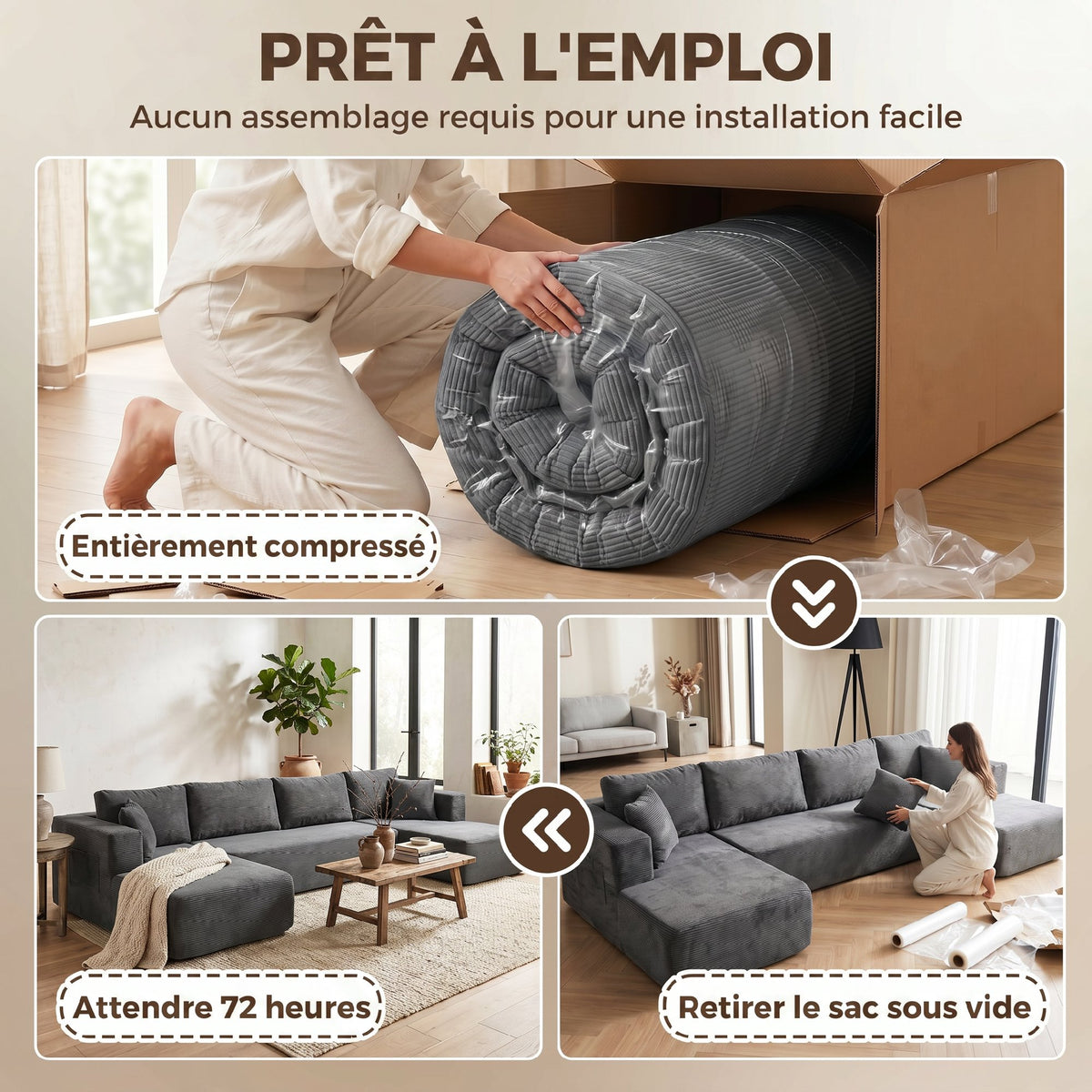 Canapé modulaire en U velours côtelé — 369 cm — vue 7