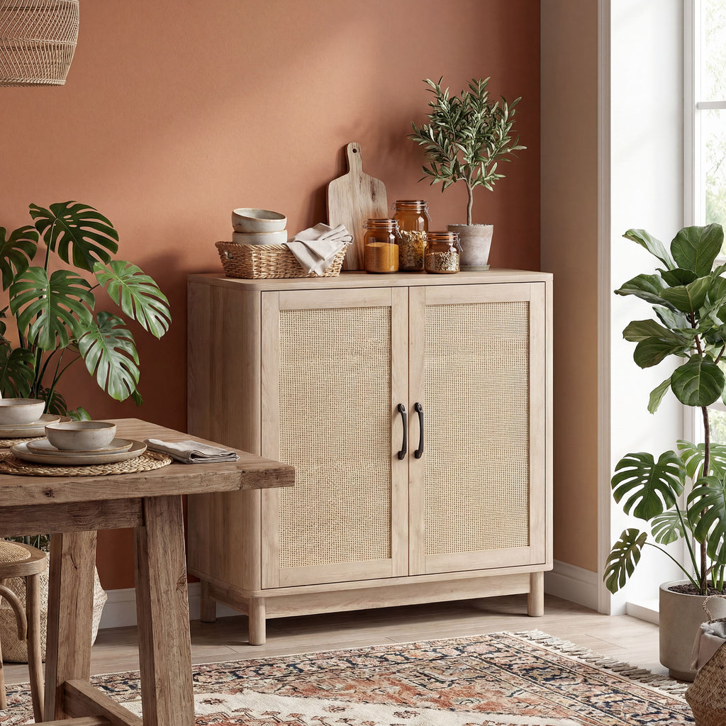 Buffet à portes en rotin, ton chêne — 76 cm — vue 2