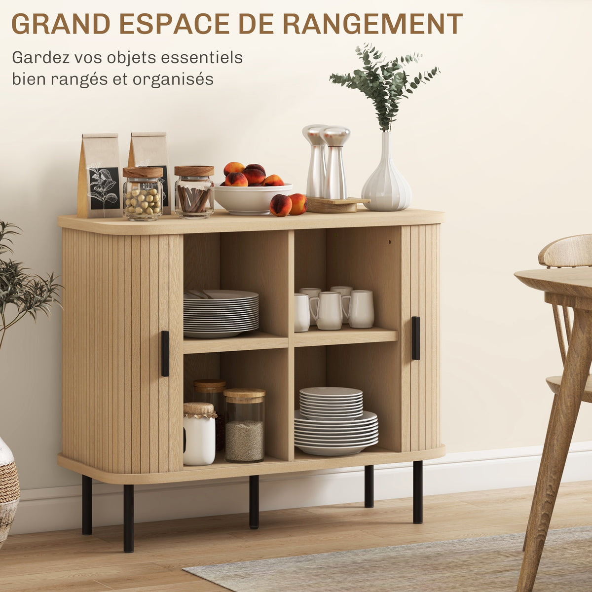 Buffet à portes coulissantes à lattes, ton chêne — 90 cm — vue 6