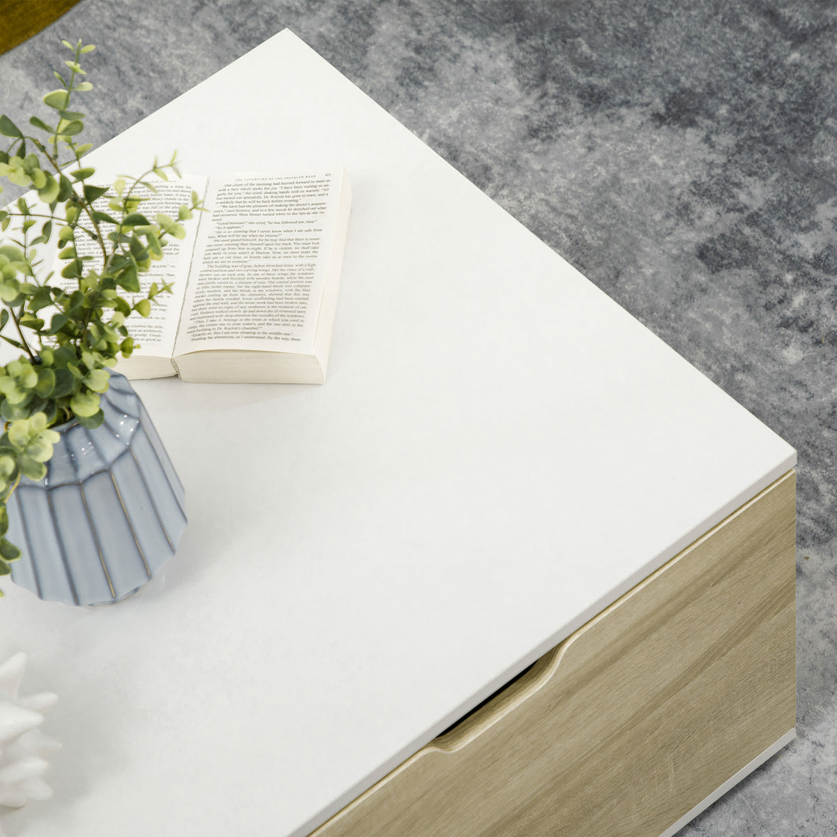 Table basse blanc et chêne clair à tiroirs — 106 × 58 cm — photo 7
