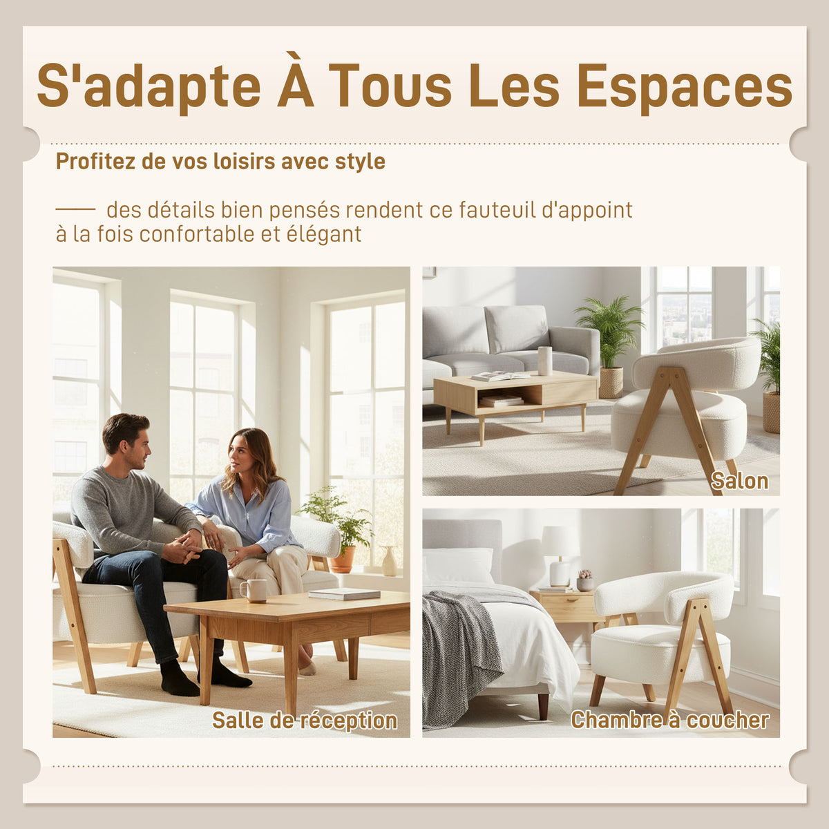Fauteuil en tissu bouclette, pieds bois en V — blanc — vue 6