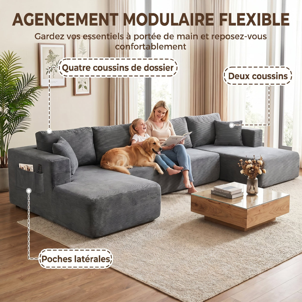 Canapé modulaire en U velours côtelé — 369 cm — vue 6