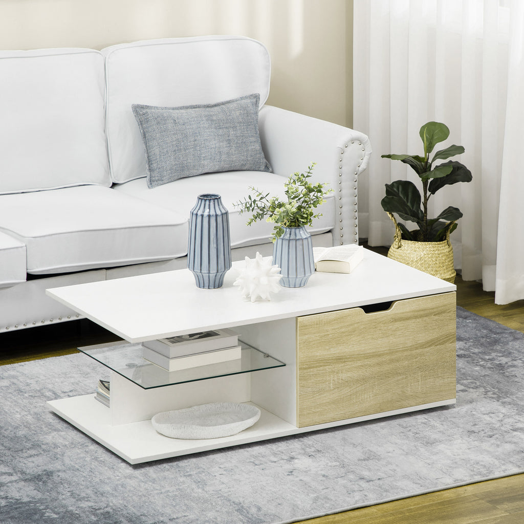 Table basse blanc et chêne clair à tiroirs — 106 × 58 cm — photo 2