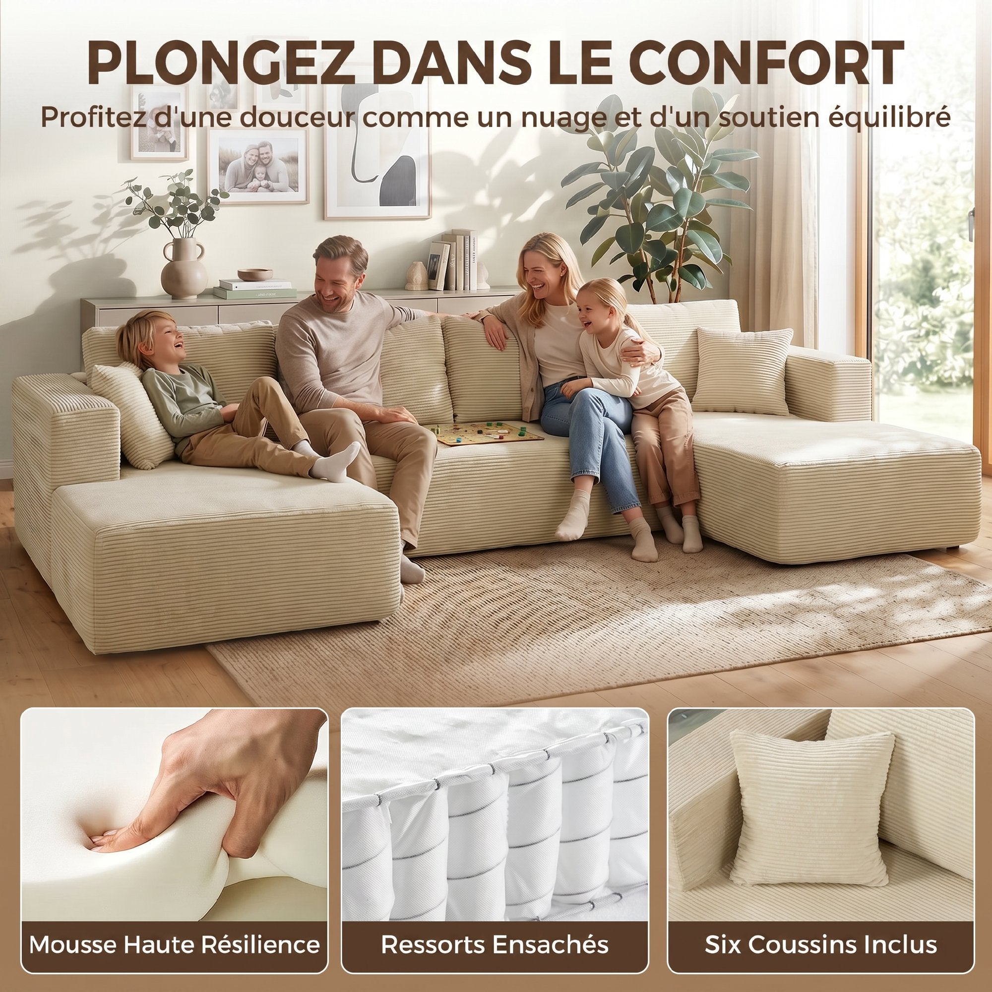 Canapé modulaire en U 337 cm en velours côtelé crème — photo 2 sur 7