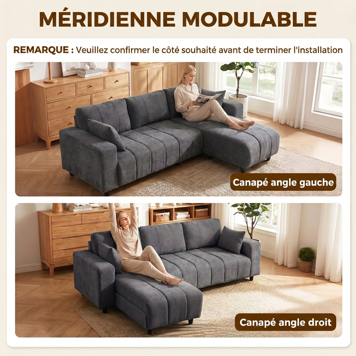 Canapé d'angle réversible aspect lin — 242 cm — vue 4