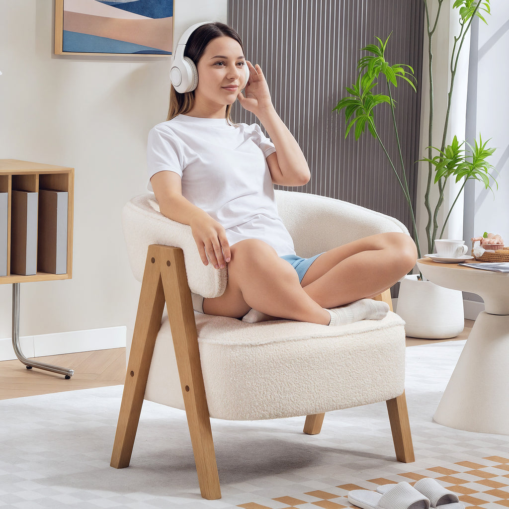Fauteuil en tissu bouclette, pieds bois en V — blanc — vue 7