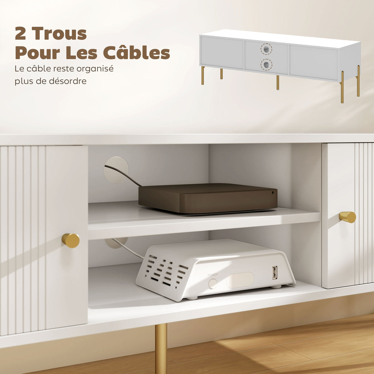 Meuble TV cannelé blanc, pieds dorés — 140 cm — vue 8