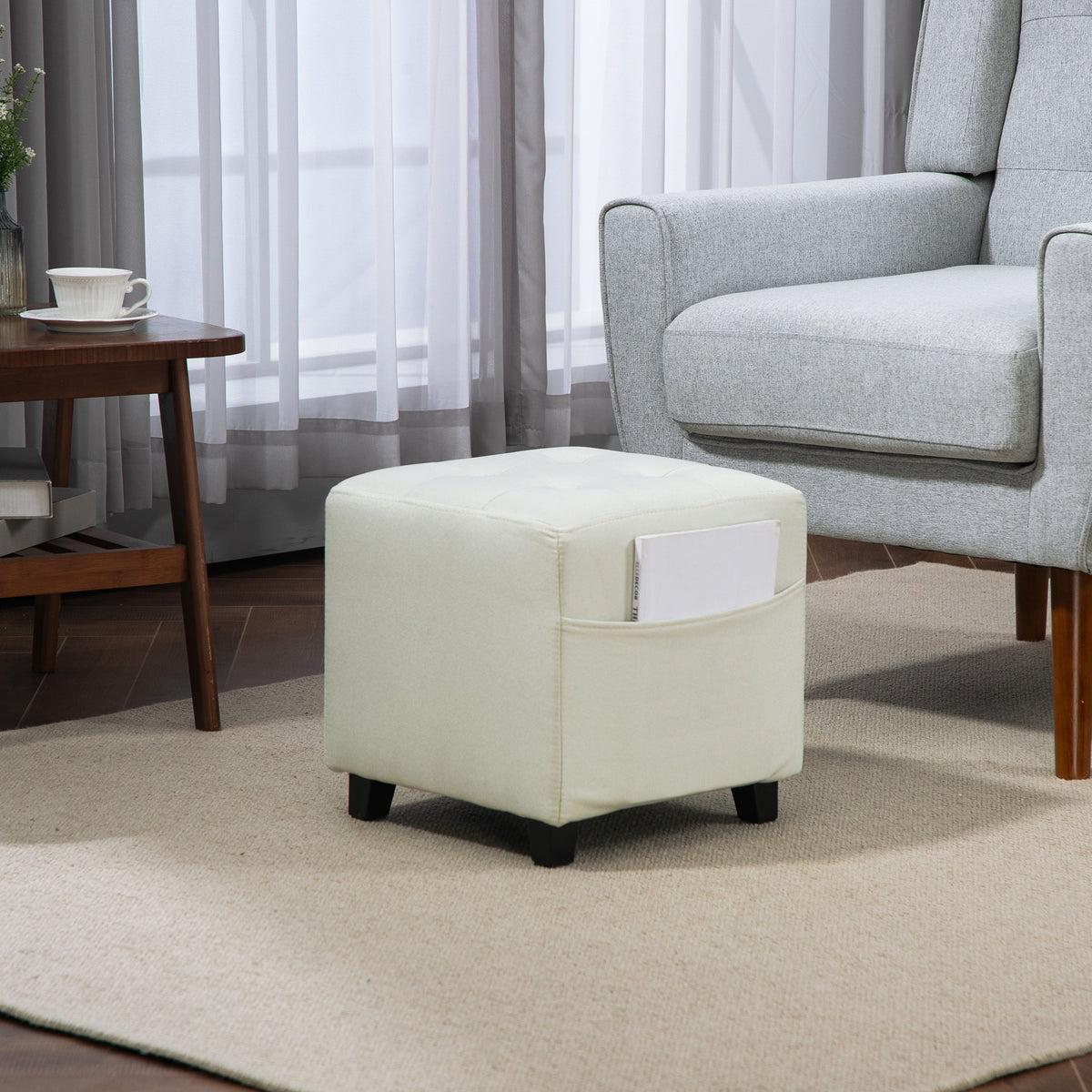 Pouf cube capitonné avec poche latérale — crème — vue 8
