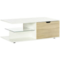 Table basse blanc et chêne clair à tiroirs — 106 × 58 cm — vue sur fond blanc