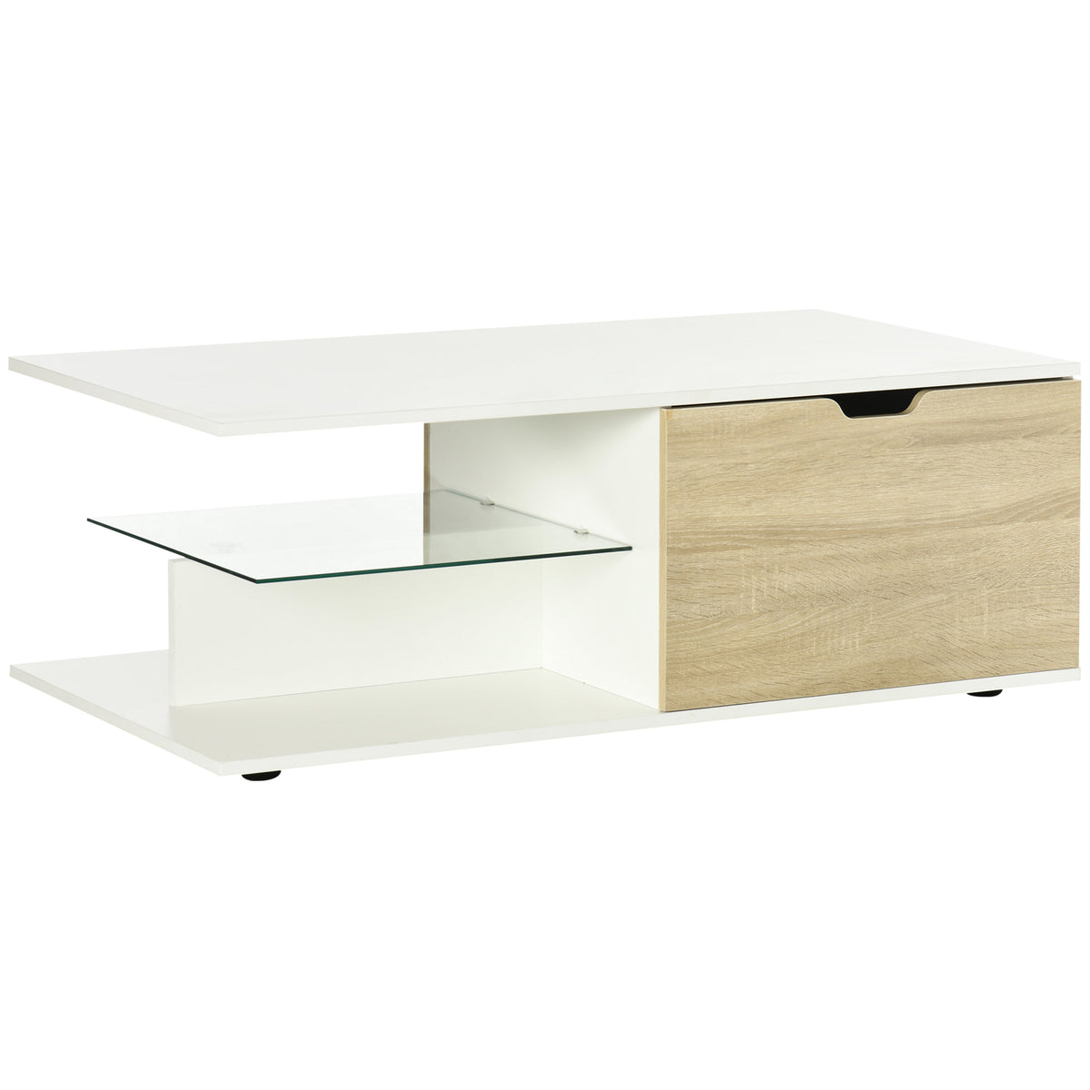Table basse blanc et chêne clair à tiroirs — 106 × 58 cm — vue sur fond blanc