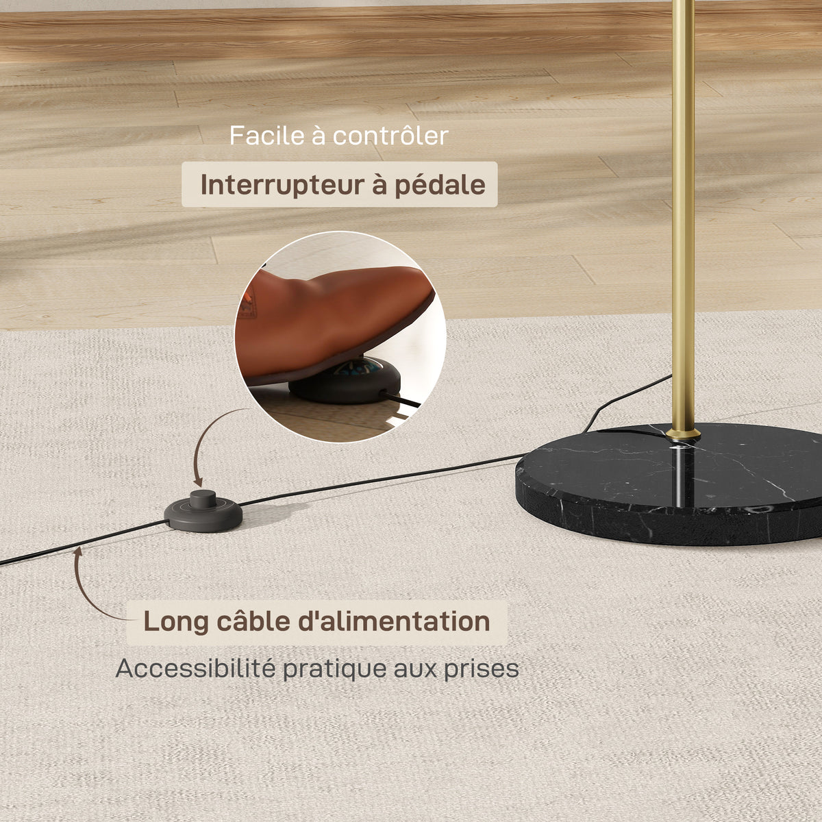 Lampadaire arc doré, socle en marbre — 180 cm — vue 6