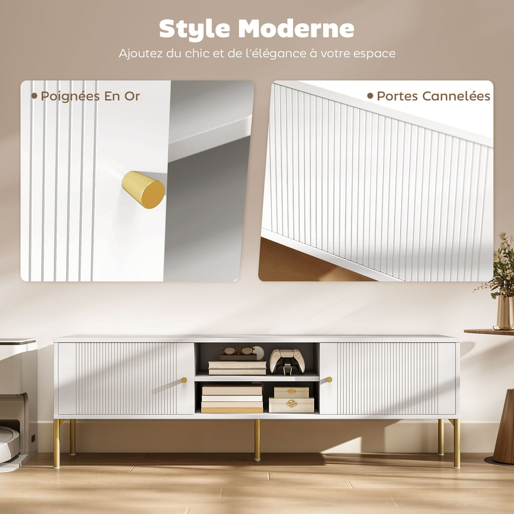 Meuble TV cannelé blanc, pieds dorés — 140 cm — vue 4