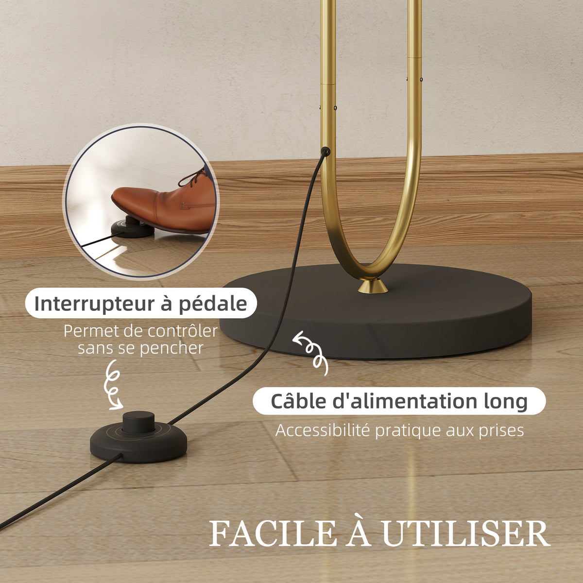Lampadaire ovale doré, abat-jour effet lin — 156 cm — vue 6