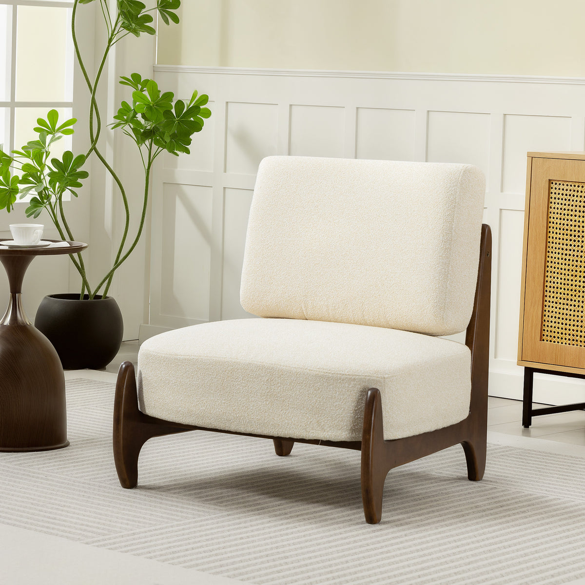 Fauteuil en chenille, structure hévéa — crème — vue 2