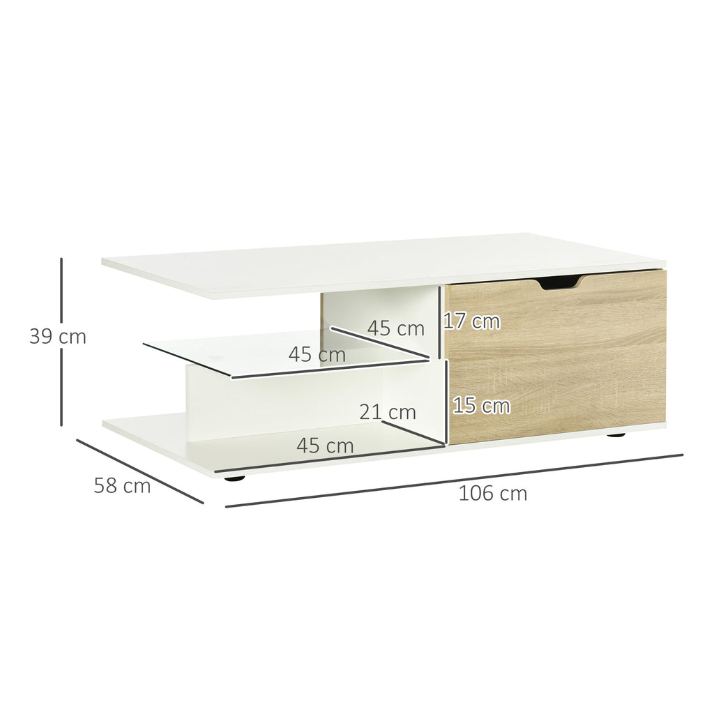 Table basse blanc et chêne clair à tiroirs — 106 × 58 cm — photo 3
