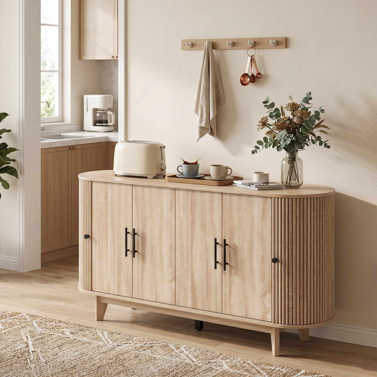 Buffet ovale cannelé, ton chêne — 147 cm — vue 8