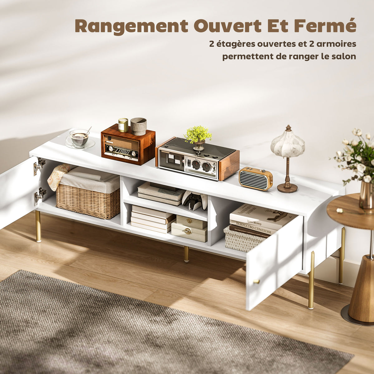 Meuble TV cannelé blanc, pieds dorés — 140 cm — vue 5
