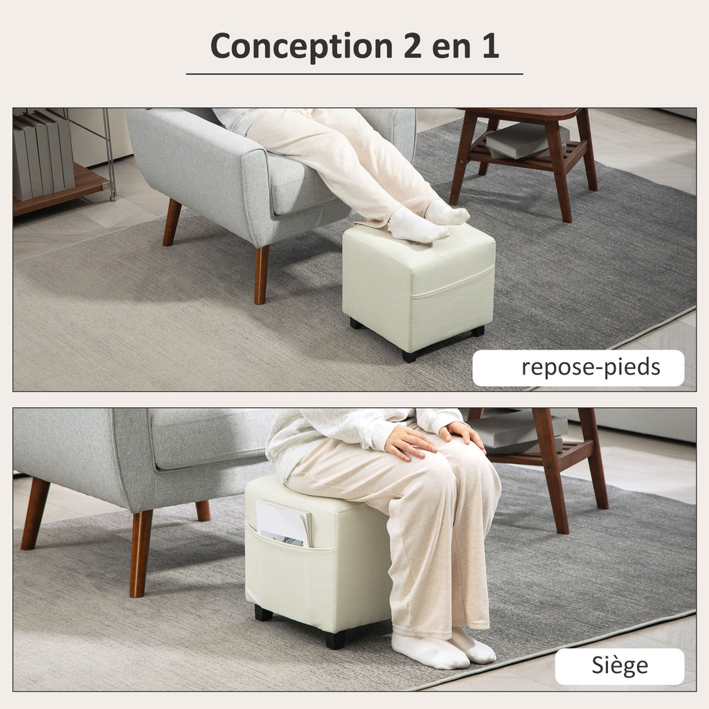 Pouf cube capitonné avec poche latérale — crème — vue 4