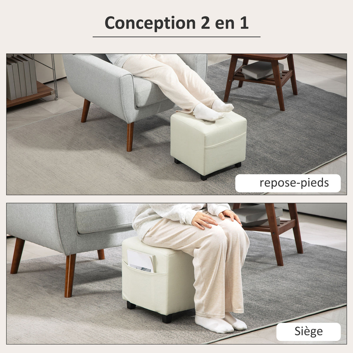 Pouf cube capitonné avec poche latérale — crème — vue 4