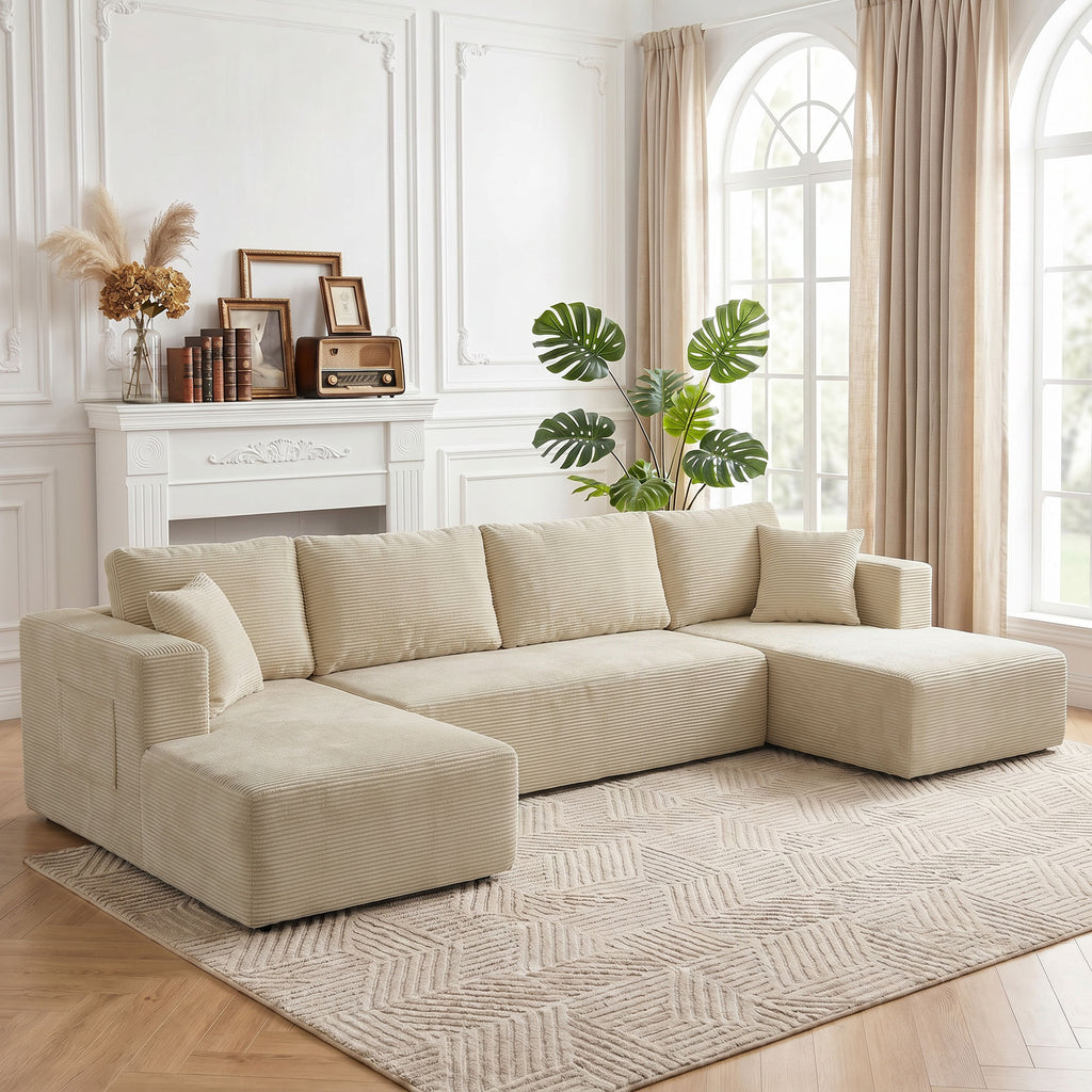 Canapé modulaire en U 337 cm en velours côtelé crème — photo 5 sur 7