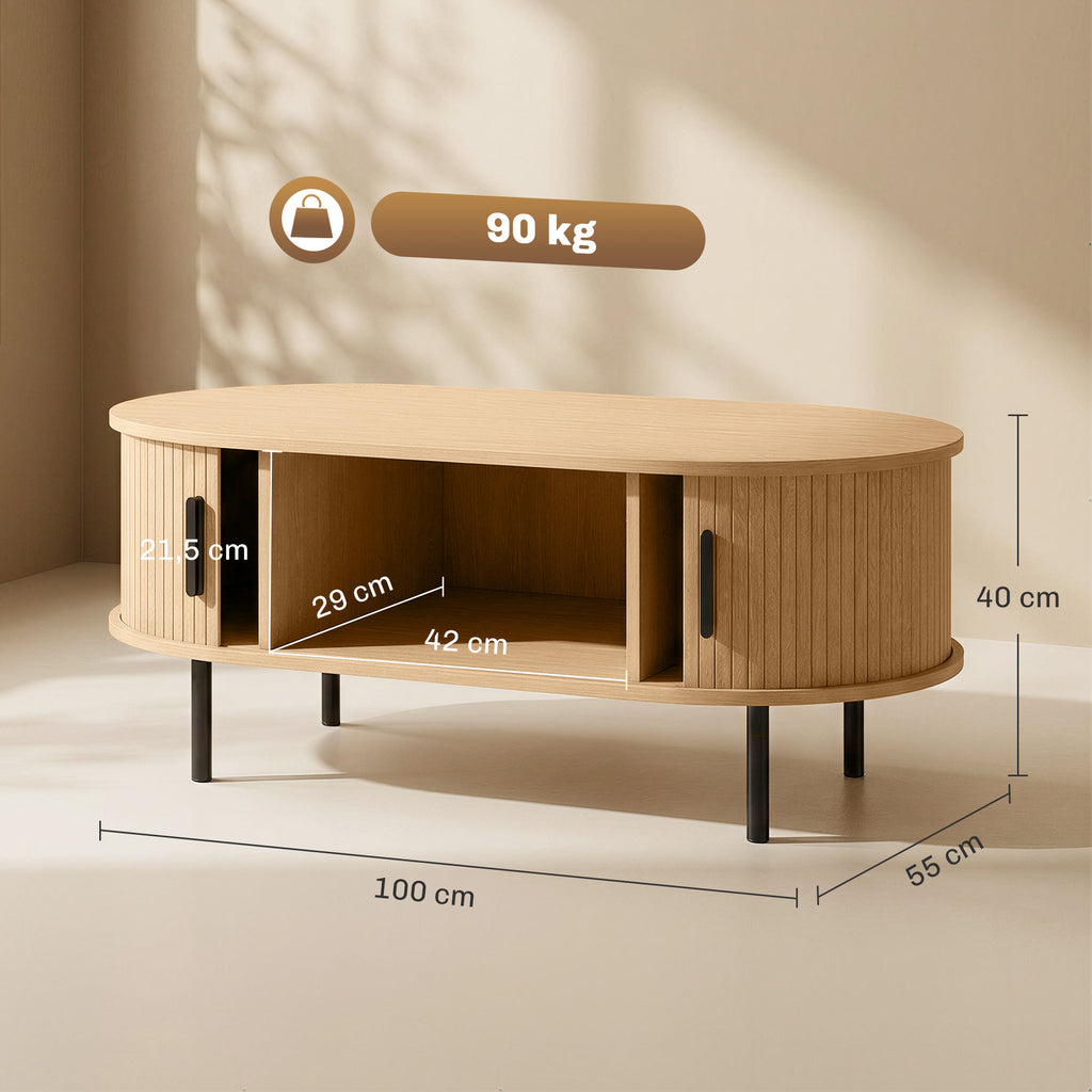 Table basse ovale cannelée à portes coulissantes — 100 × 55 cm — vue 3