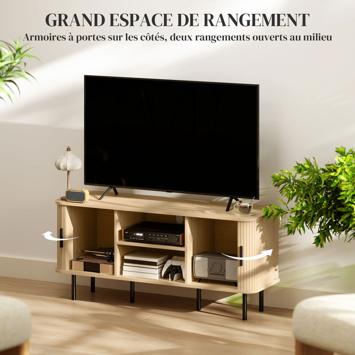 Meuble TV à portes cannelées, ton chêne — 120 cm — vue 5