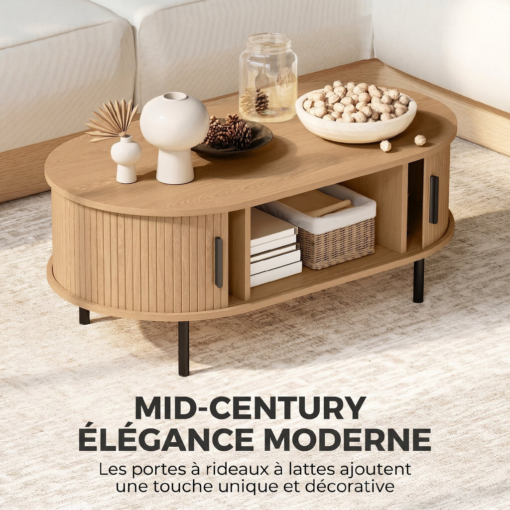 Table basse ovale cannelée à portes coulissantes — 100 × 55 cm — vue 4