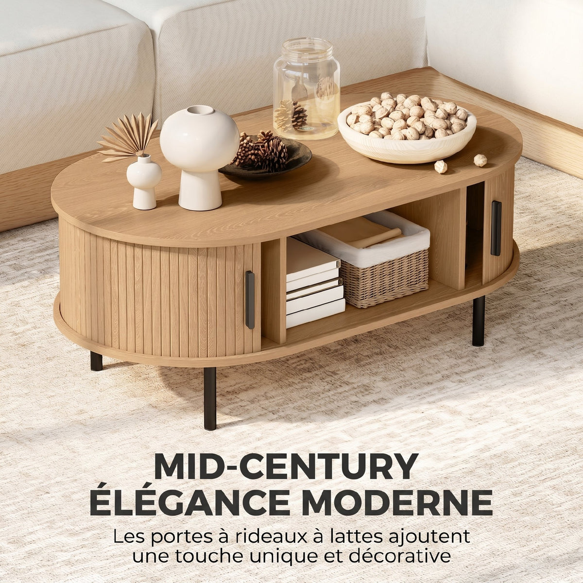 Table basse ovale cannelée à portes coulissantes — 100 × 55 cm — vue 4