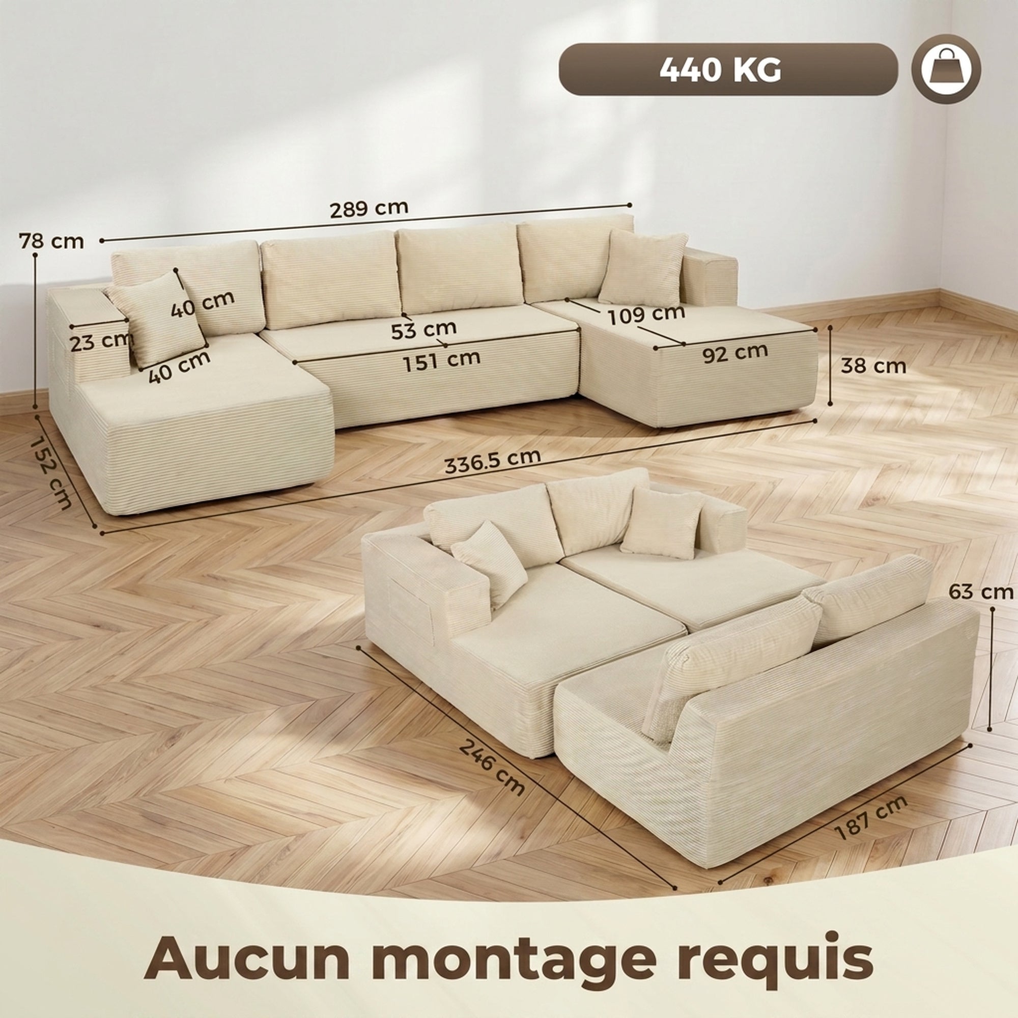 Canapé modulaire en U 337 cm en velours côtelé crème — photo 6 sur 7