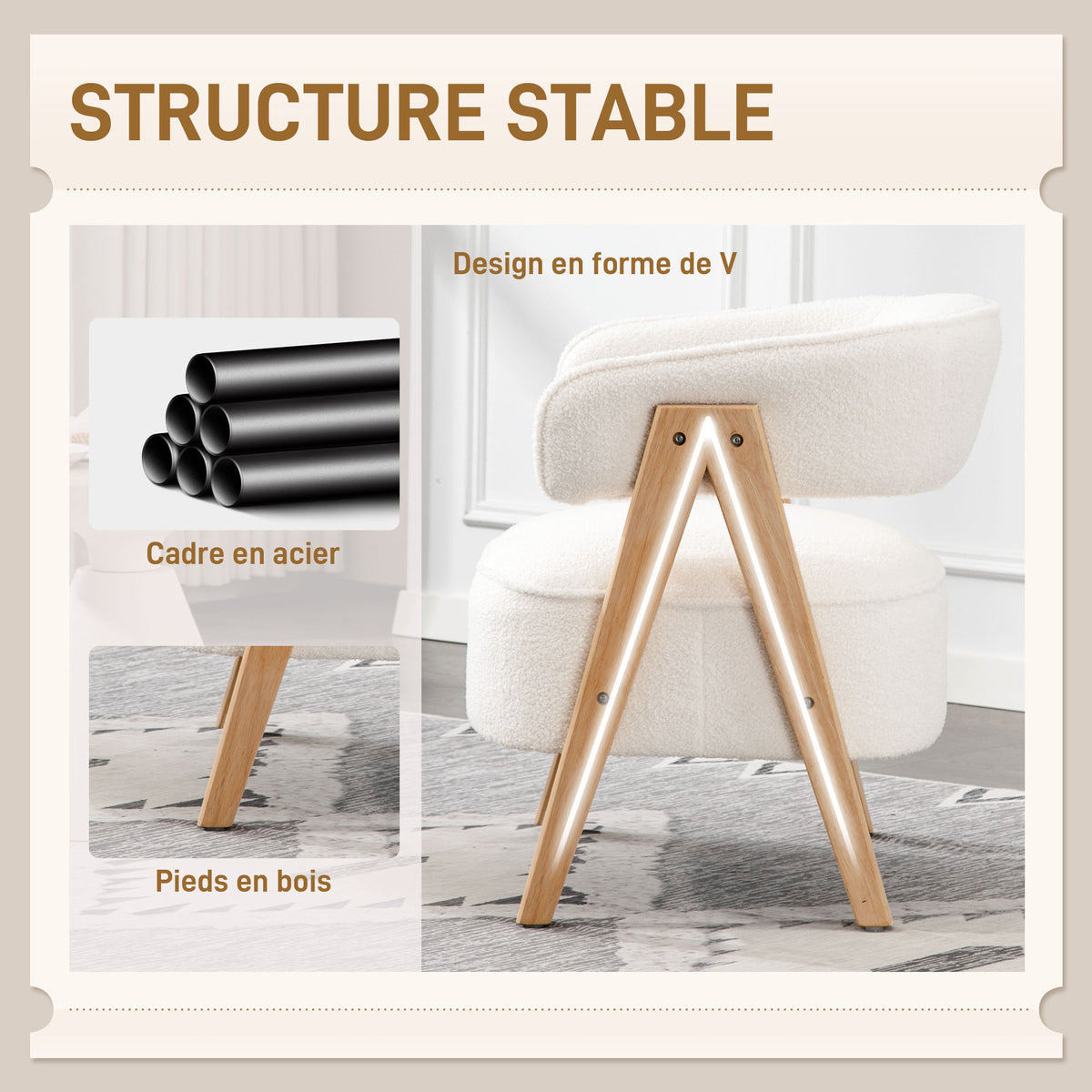 Fauteuil en tissu bouclette, pieds bois en V — blanc — vue 5