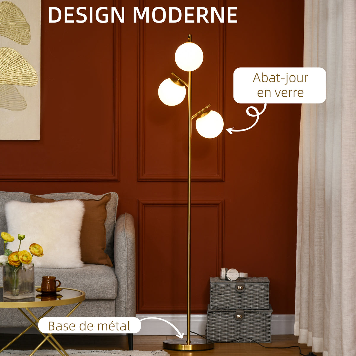 Lampadaire 3 globes en verre dépoli — doré — photo 4