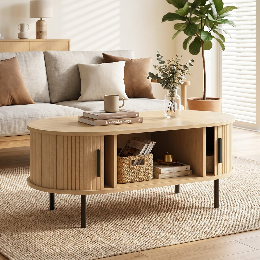Table basse ovale cannelée à portes coulissantes — 100 × 55 cm — vue 9