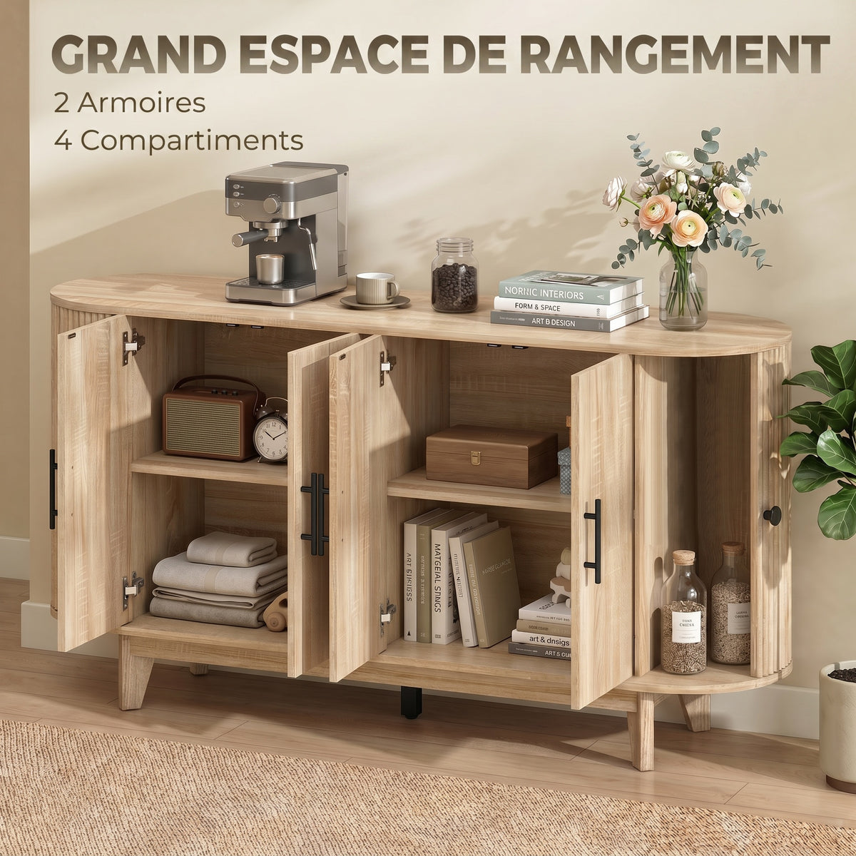 Buffet ovale cannelé, ton chêne — 147 cm — vue 5
