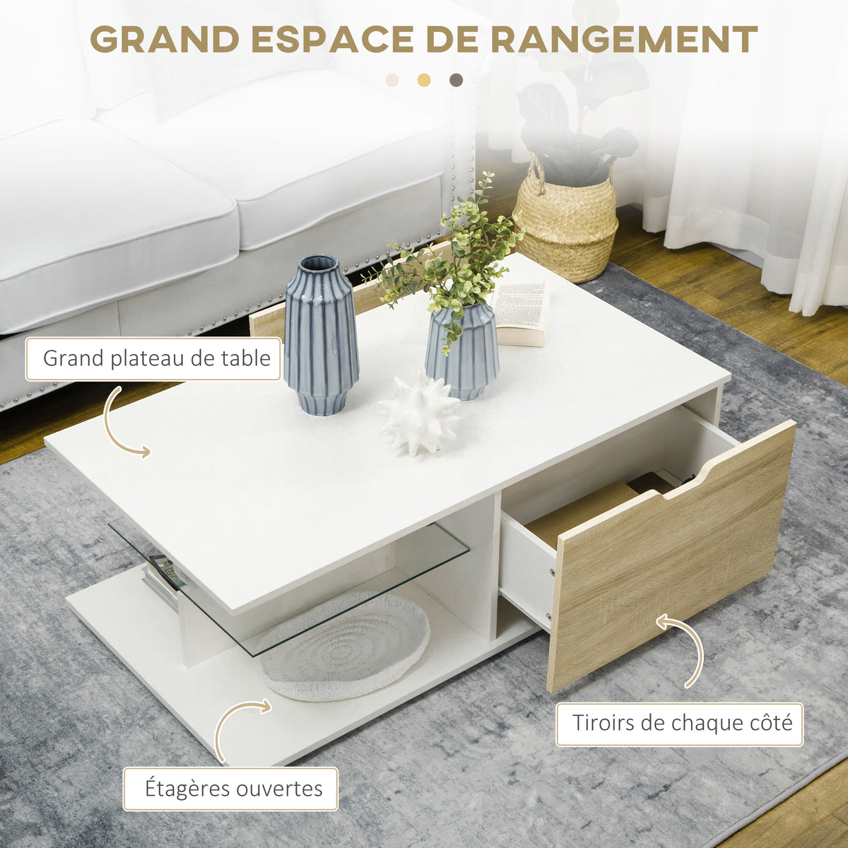 Table basse blanc et chêne clair à tiroirs — 106 × 58 cm — photo 4