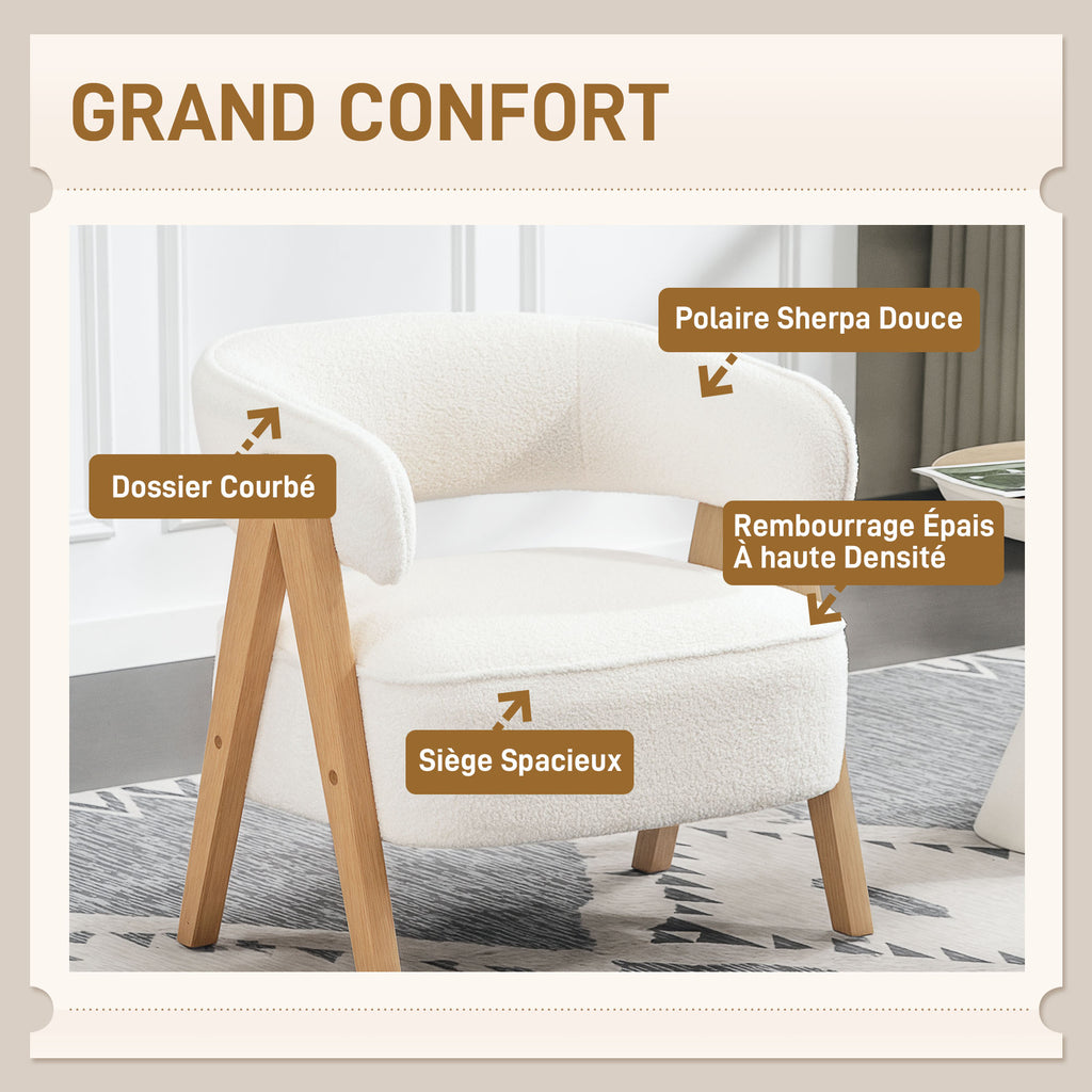 Fauteuil en tissu bouclette, pieds bois en V — blanc — vue 4