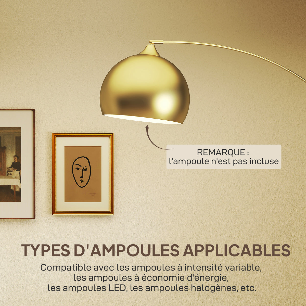 Lampadaire arc doré, socle en marbre — 180 cm — vue 7