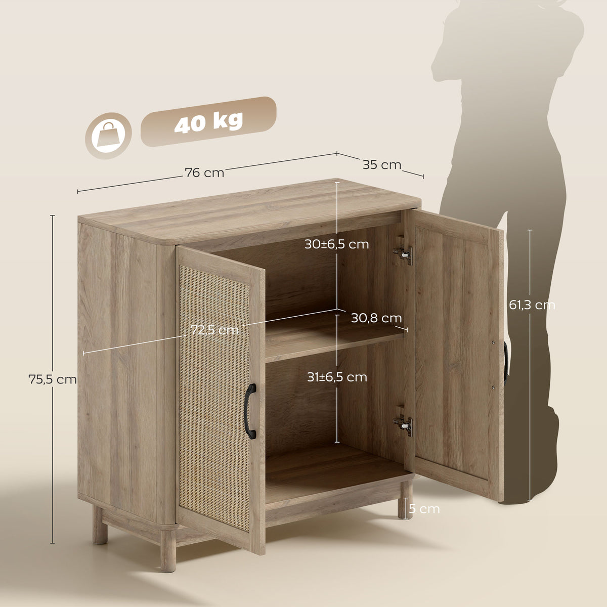 Buffet à portes en rotin, ton chêne — 76 cm — vue 3