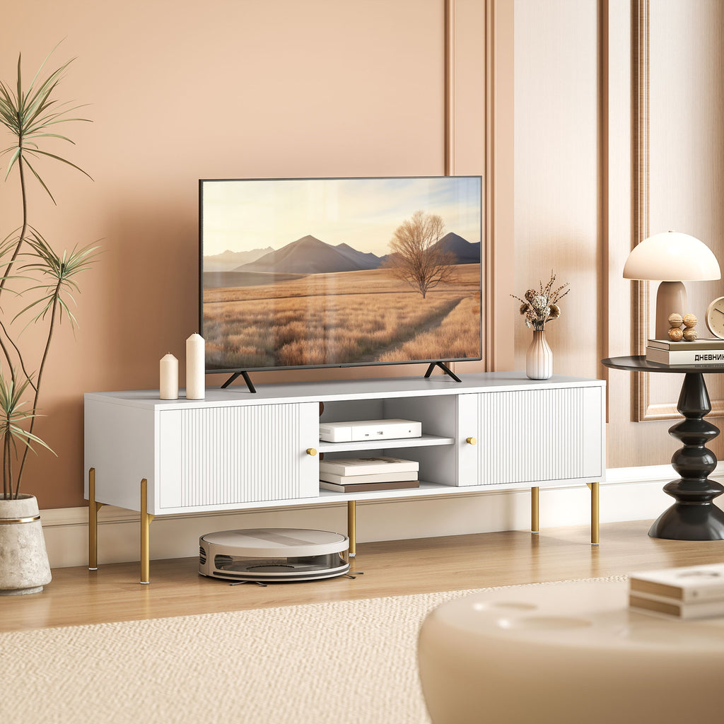 Meuble TV cannelé blanc, pieds dorés — 140 cm — vue 2