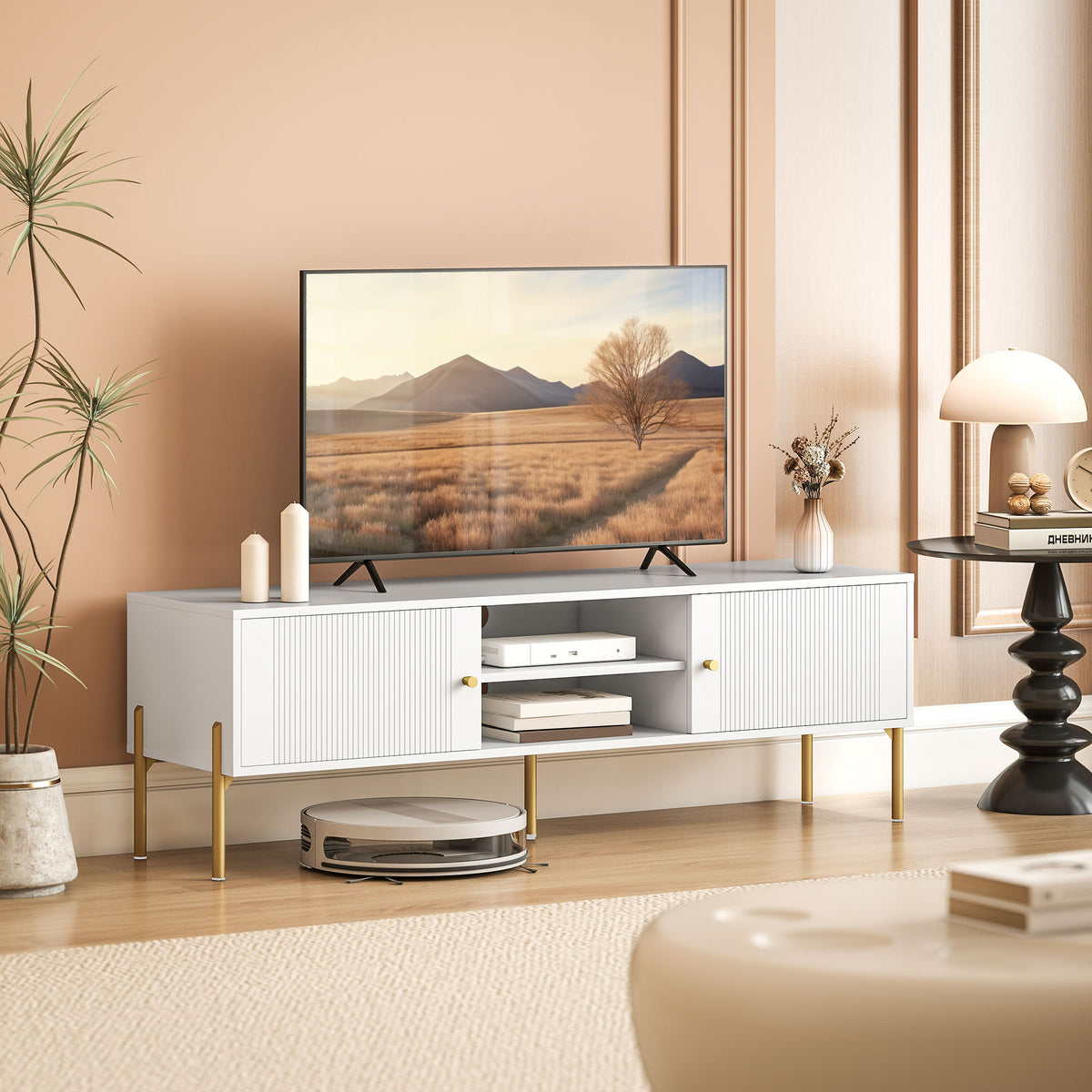 Meuble TV cannelé blanc, pieds dorés — 140 cm — vue 2
