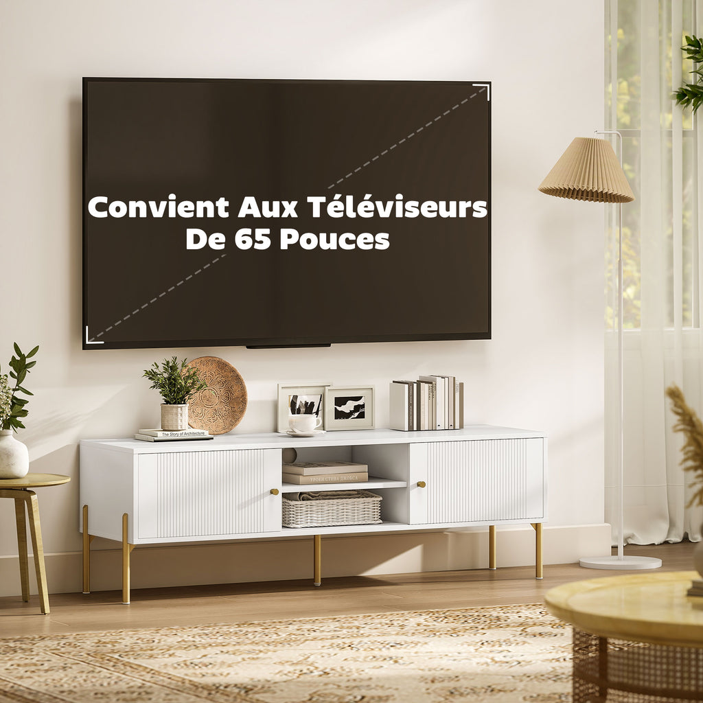Meuble TV cannelé blanc, pieds dorés — 140 cm — vue 6