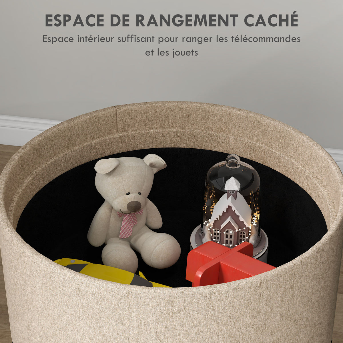 Pouf rond à coffre avec plateau réversible — beige — vue 4