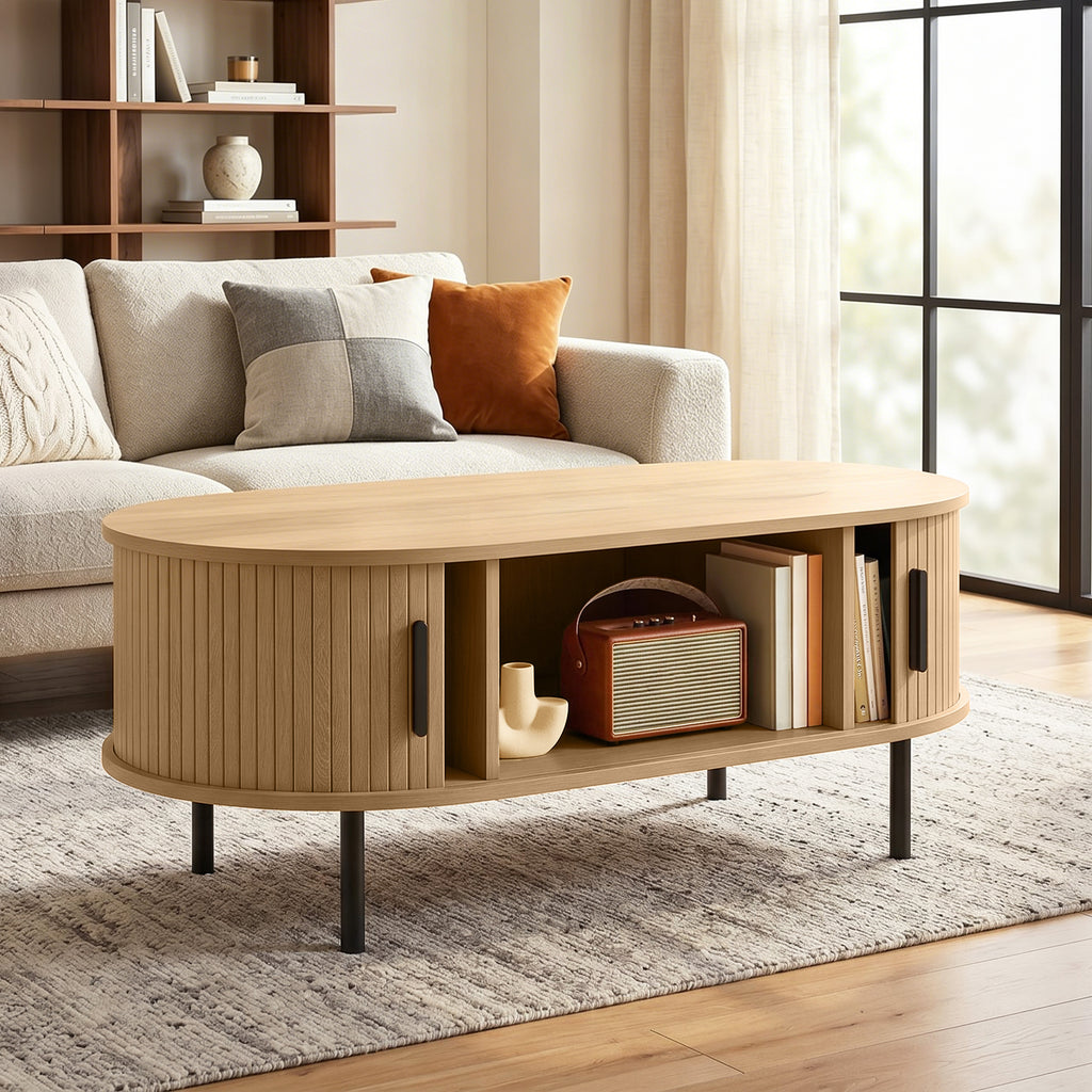 Table basse ovale cannelée à portes coulissantes — 100 × 55 cm — vue 2
