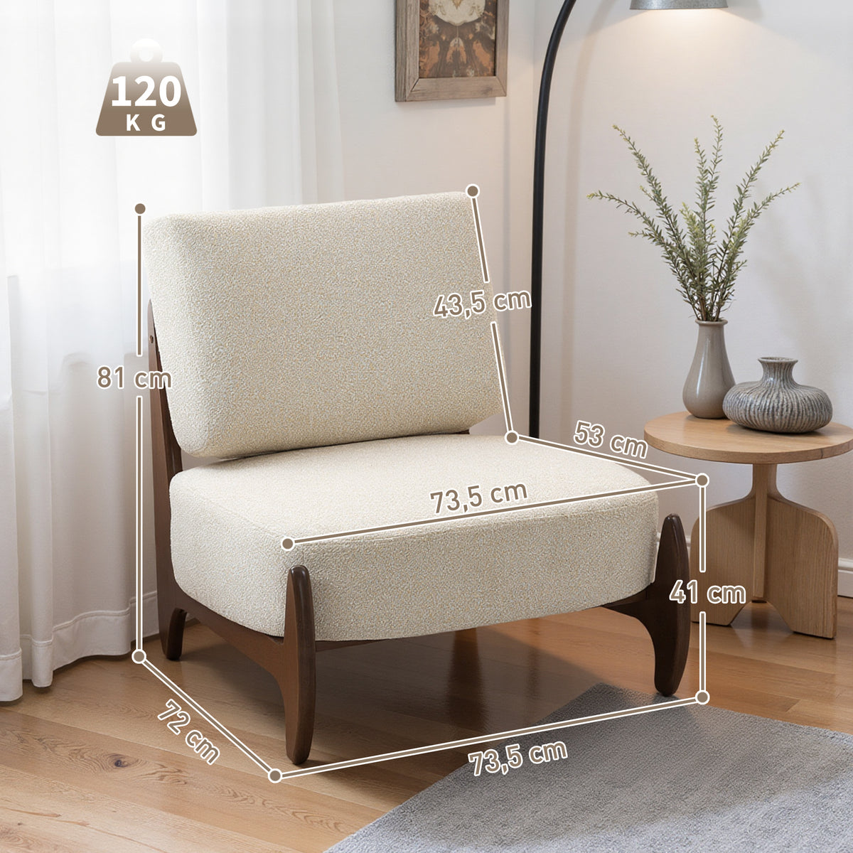 Fauteuil en chenille, structure hévéa — crème — vue 3