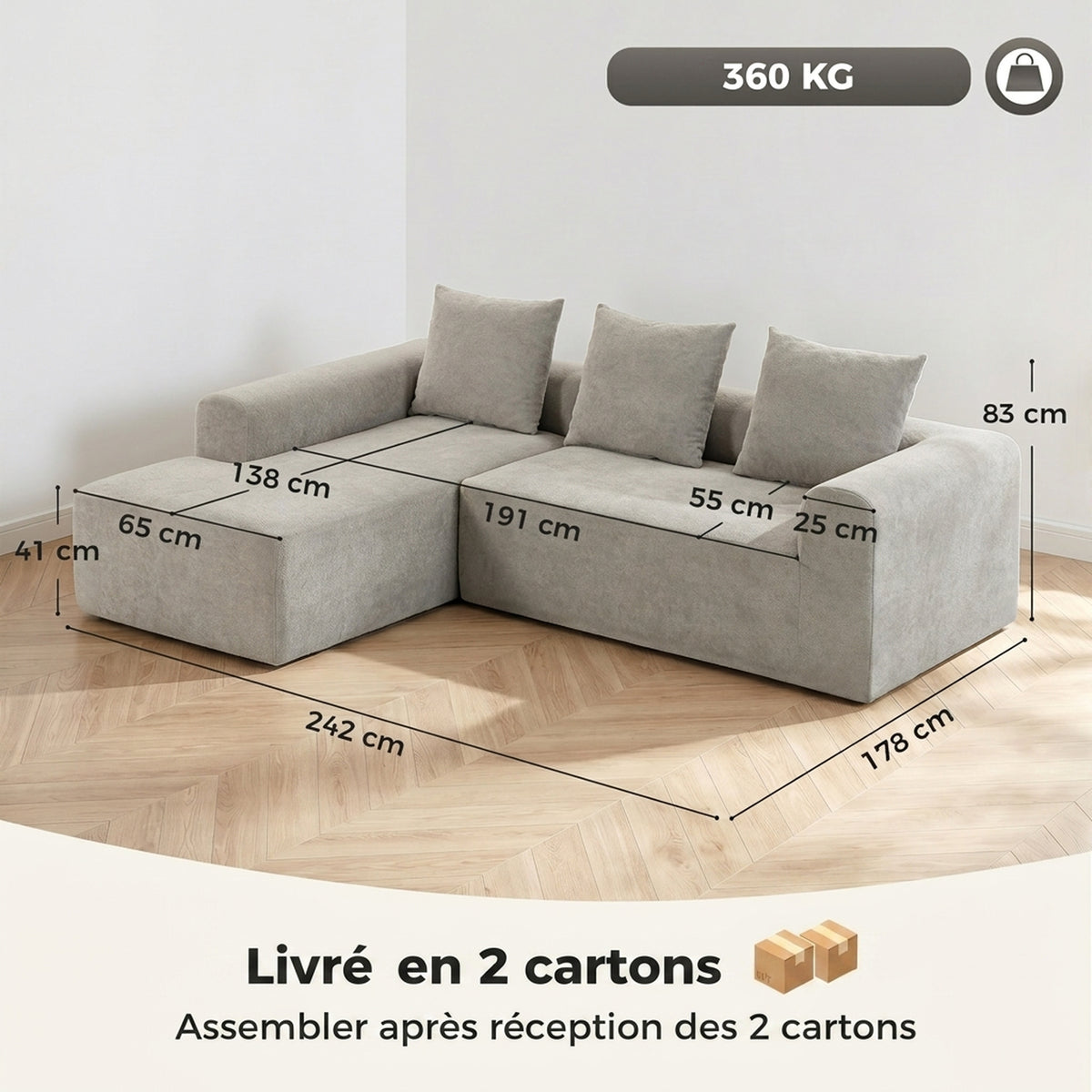 Canapé d'angle en chenille 242 cm gris clair — photo 2 sur 7