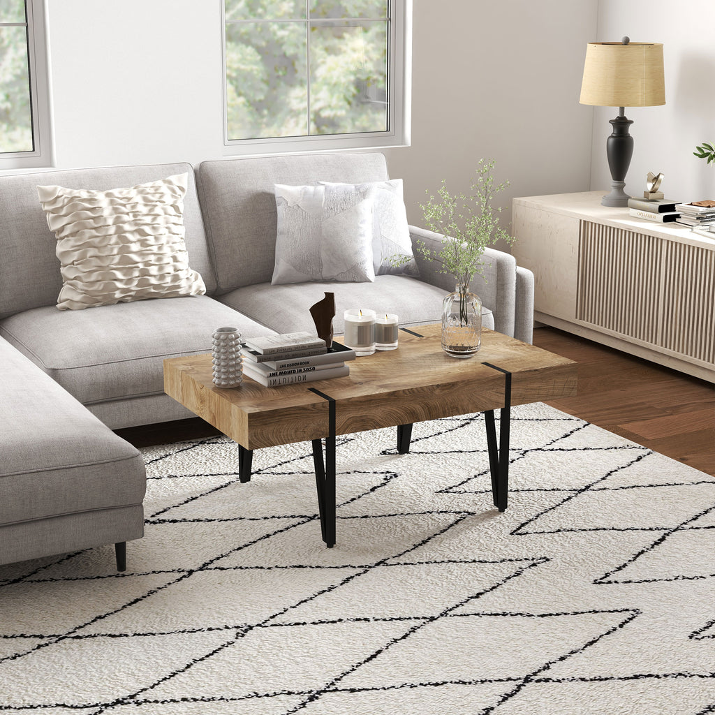 Table basse aspect bois brut, pieds épingle — 105 × 60 cm — photo 2
